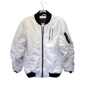 Bleecker & Mercer Mens White Bomber Jacket Black Trim Ruched Sleeve Size M